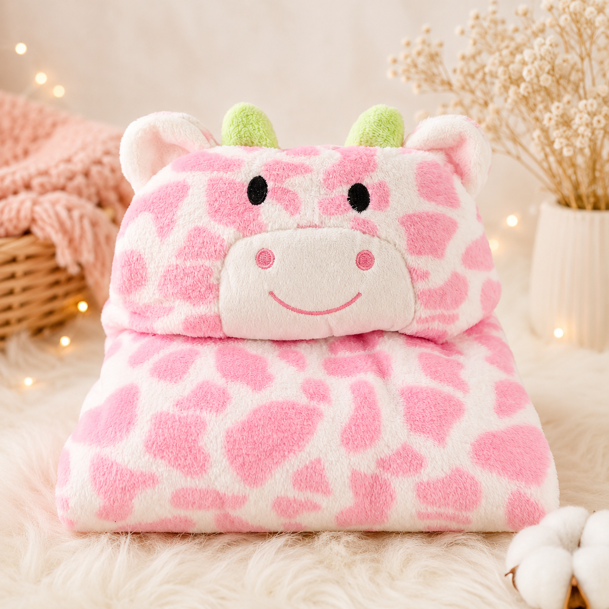 Manta con capucha jirafita rosa manchas cuernitos verdes doblada