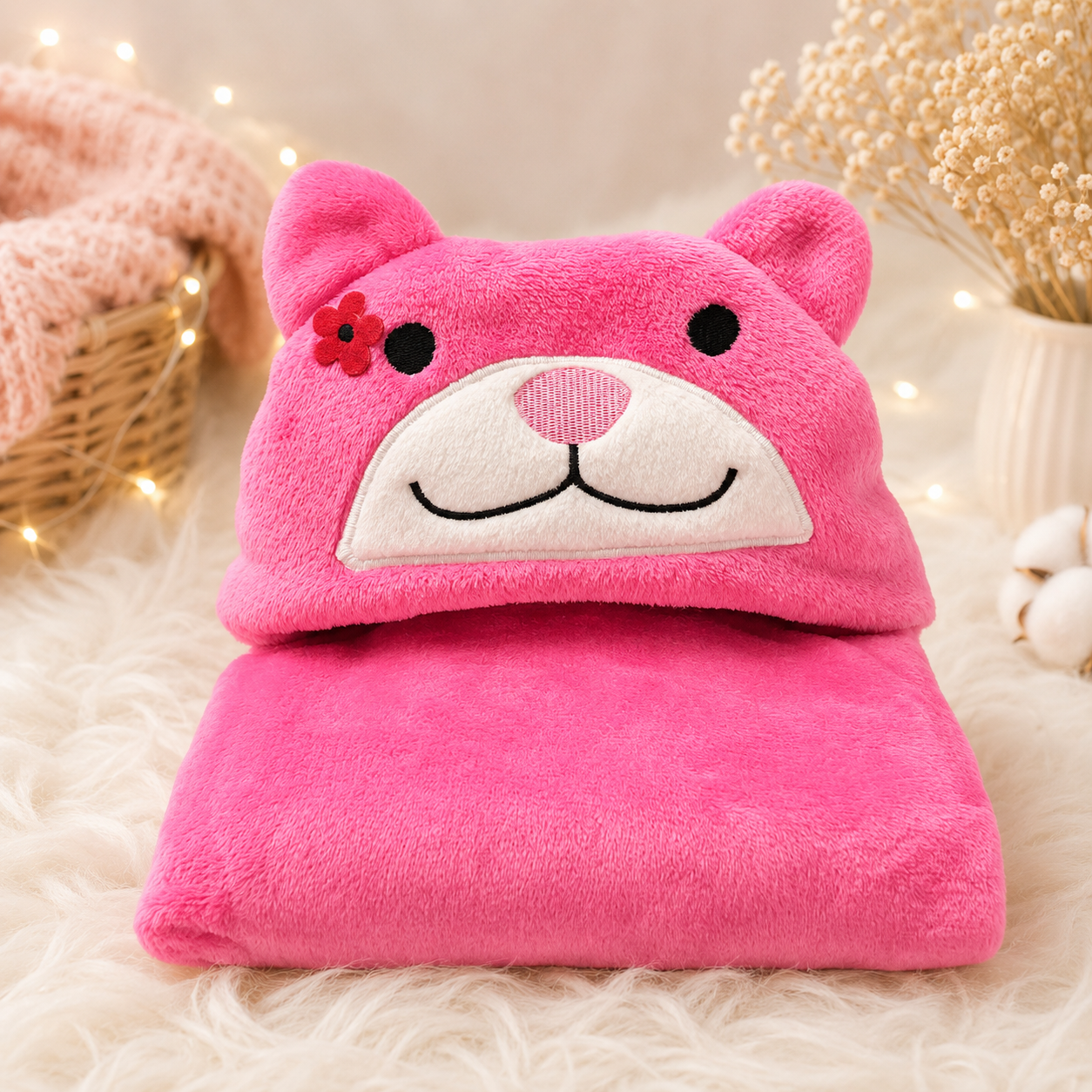 Bebé sonriendo con manta capucha osita fucsia forro polar
