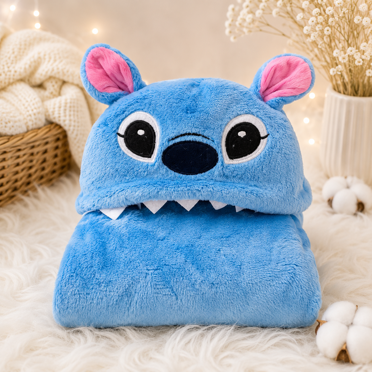 Manta con capucha Stitch azul orejitas rosas dientitos blancos doblada