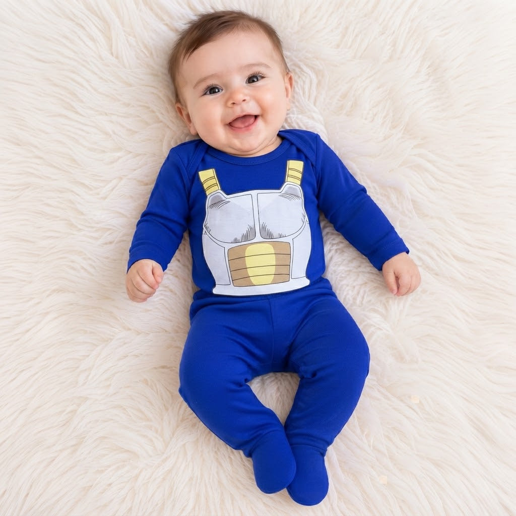 Bebé con conjunto Vegeta azul, armadura blanca y amarilla estampada