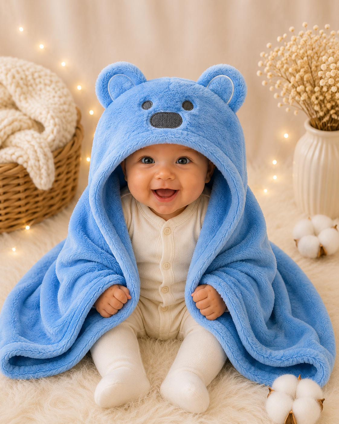 Manta con capucha osito azul celeste orejitas redondas nariz ovalada doblada