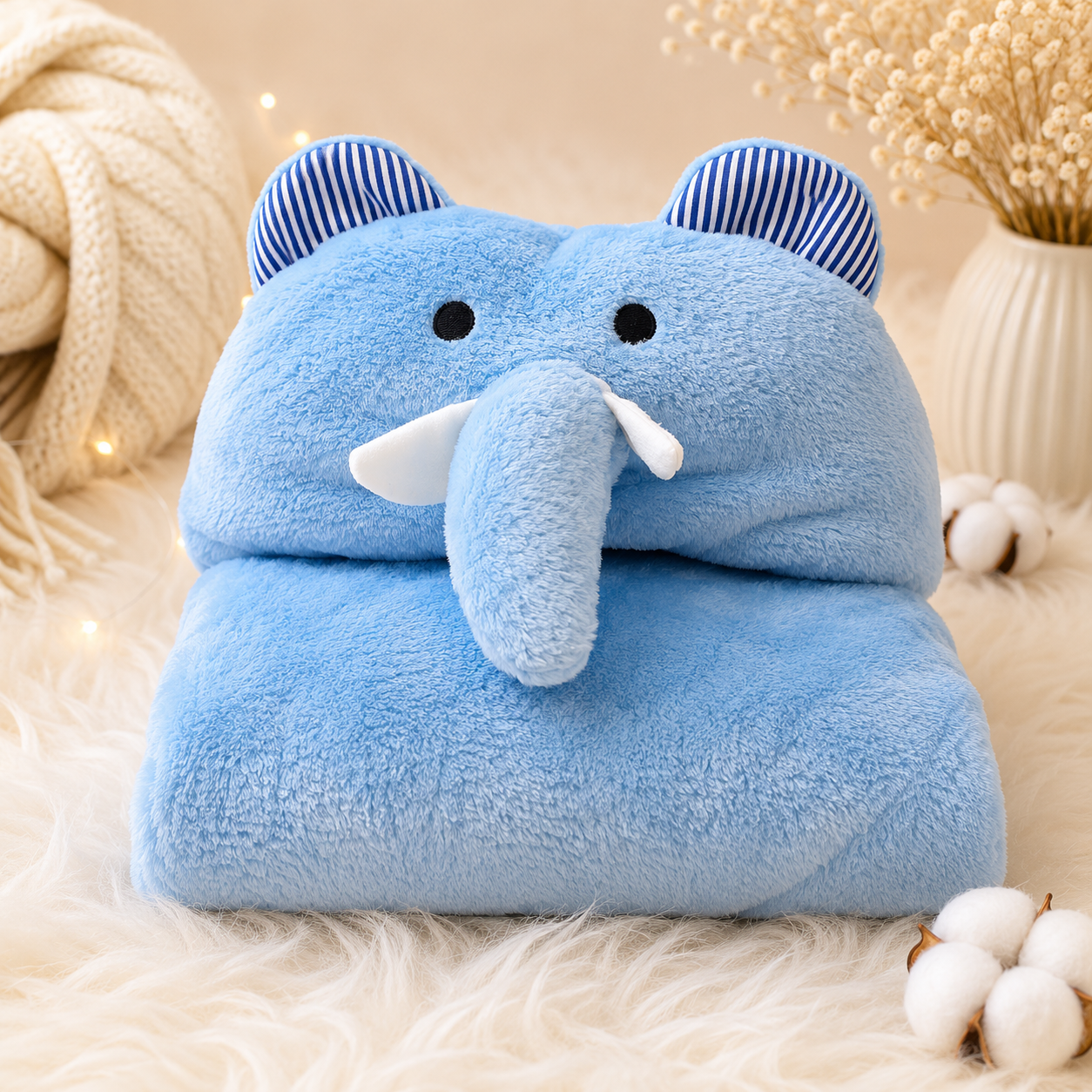 Manta con capucha elefante azul trompa 3D orejitas rayas azul marino doblada