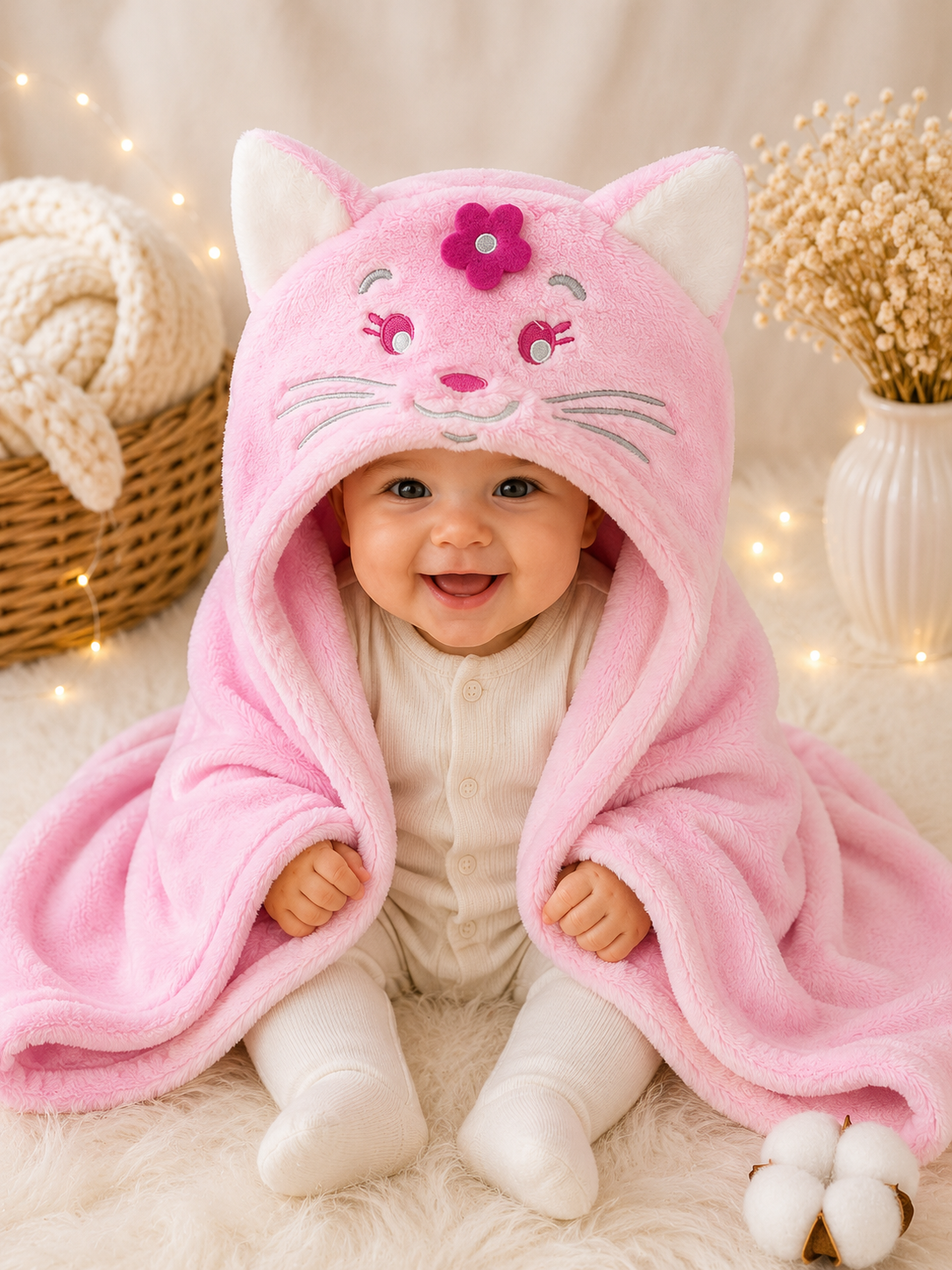 Bebé sonriendo con manta capucha gatita rosa forro polar