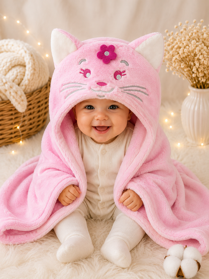 Bebé sonriendo con manta capucha gatita rosa forro polar