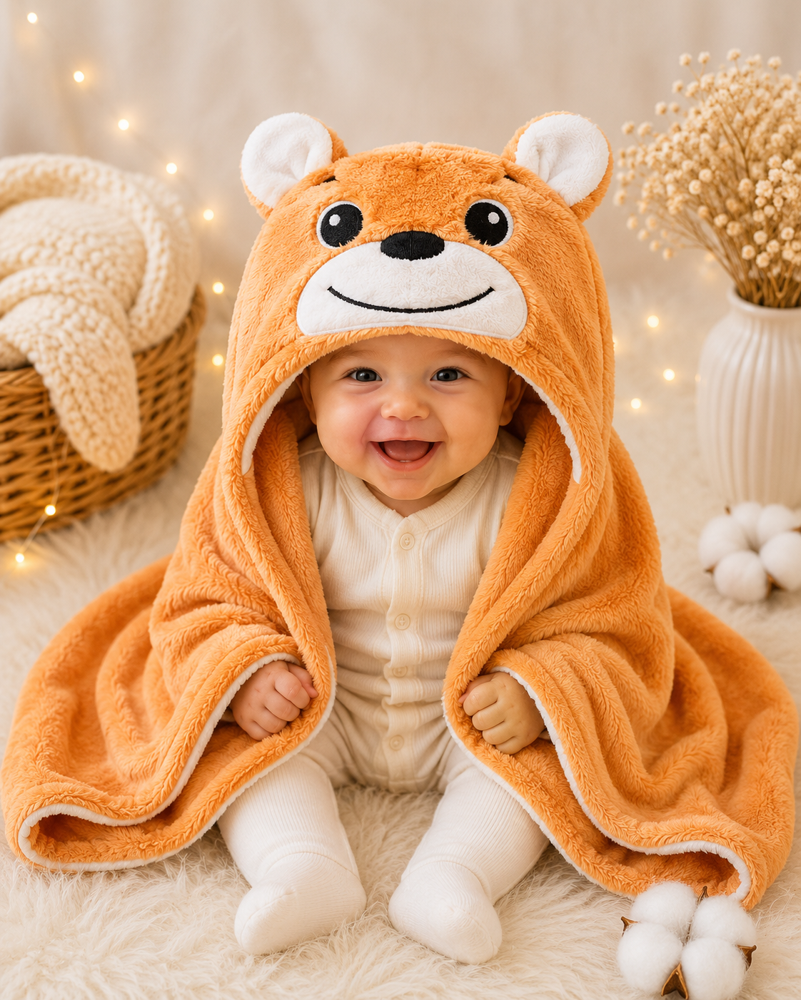 Bebé sonriendo con manta capucha osito café forro polar