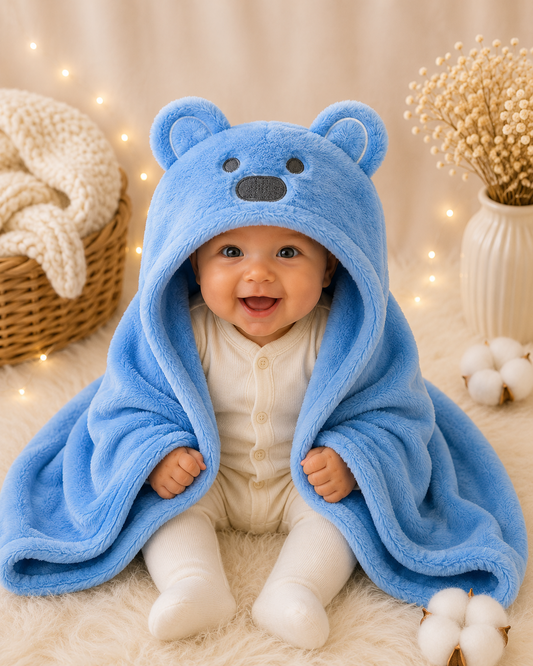 Manta con capucha osito azul celeste orejitas redondas nariz ovalada doblada