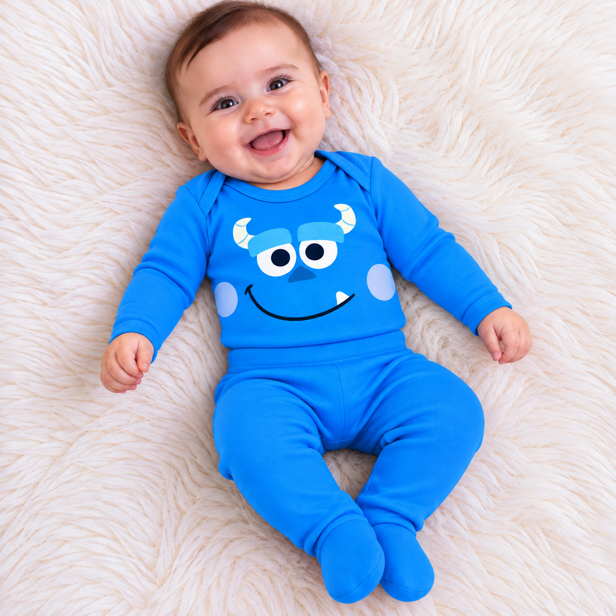 Bebé con conjunto azul y carita de Sulley estampada, con cuernos blancos y mejillas lilas