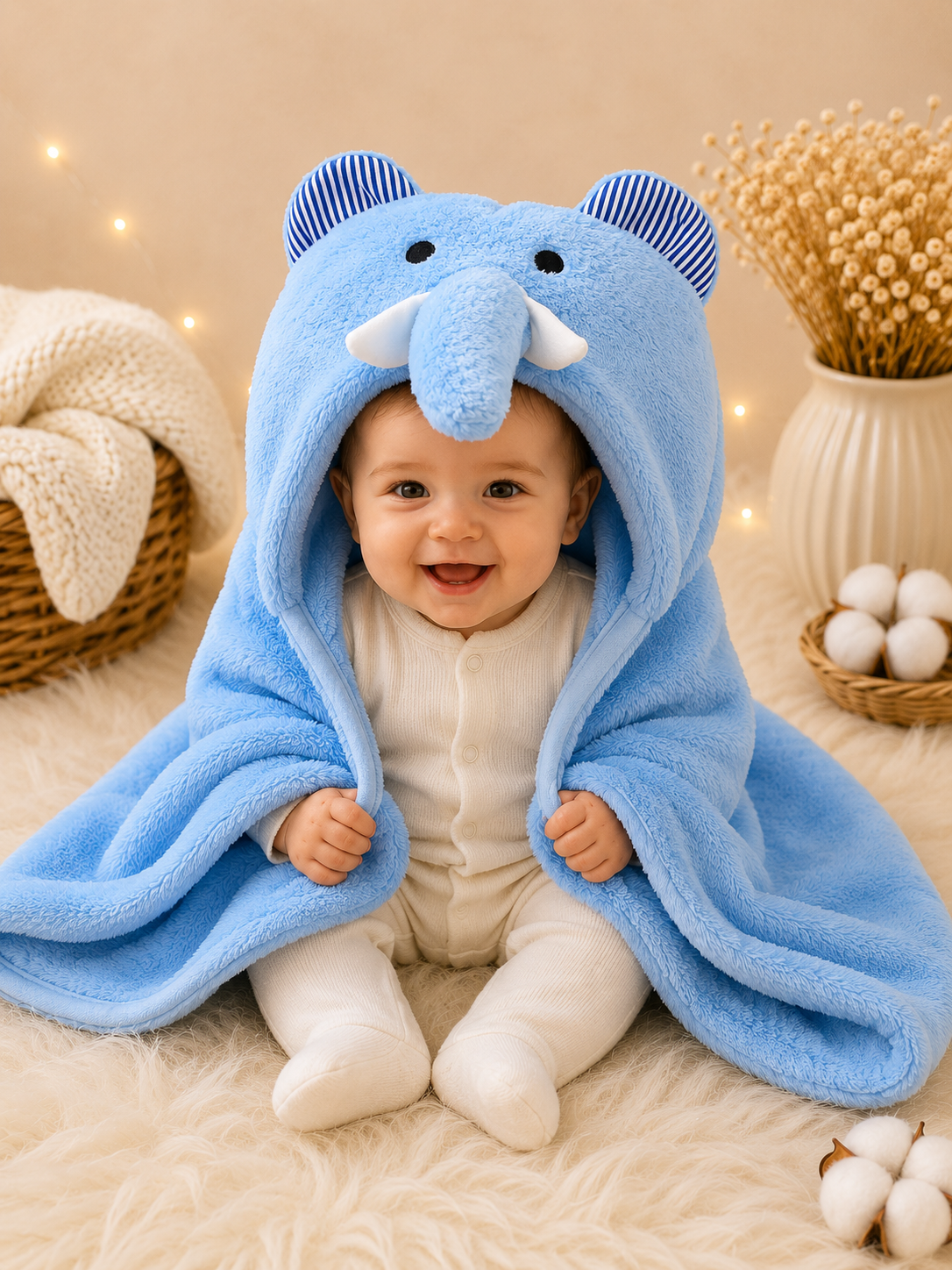 Bebé sonriendo con manta capucha elefante azul forro polar
