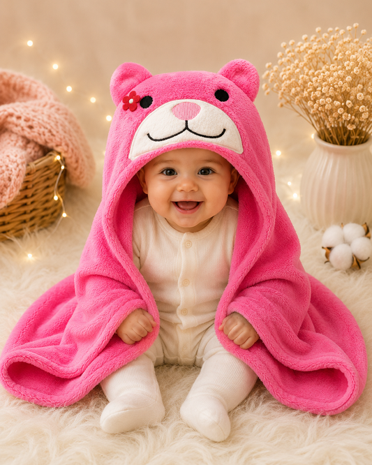 Manta con capucha osita fucsia orejitas puntiagudas florecita roja doblada