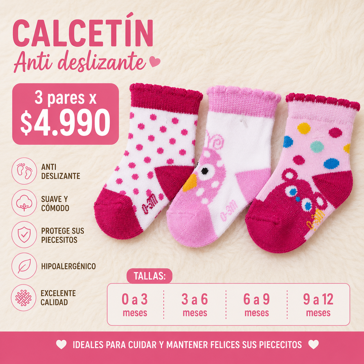 Calcetines antideslizantes bebé niña lunares – Pack 3 pares en fucsia y rosado