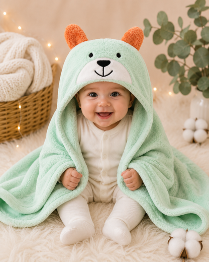 Bebé sonriendo con manta capucha osito verde menta orejitas naranjas forro polar