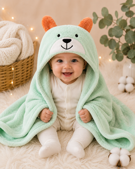 Bebé sonriendo con manta capucha osito verde menta orejitas naranjas forro polar