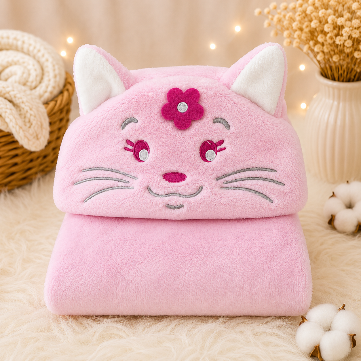 Manta con capucha gatita rosa orejitas blancas florecita fucsia doblada