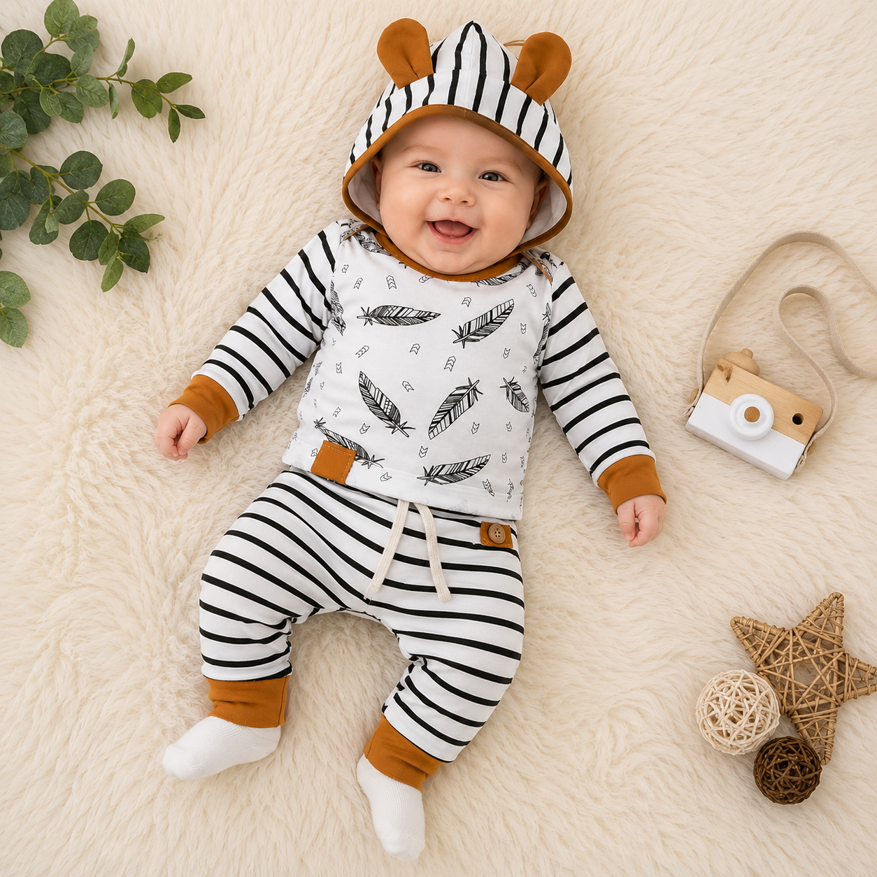 Conjunto Rayas Plumas Camel - vista completa