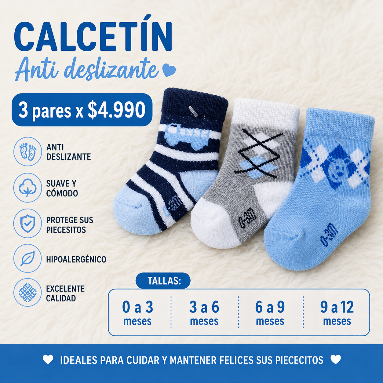 Calcetines Antideslizantes para Bebé Niño Azul – Pack 3 Pares