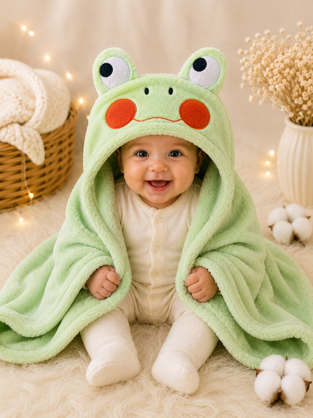 Bebé sonriendo con manta capucha ranita verde forro polar