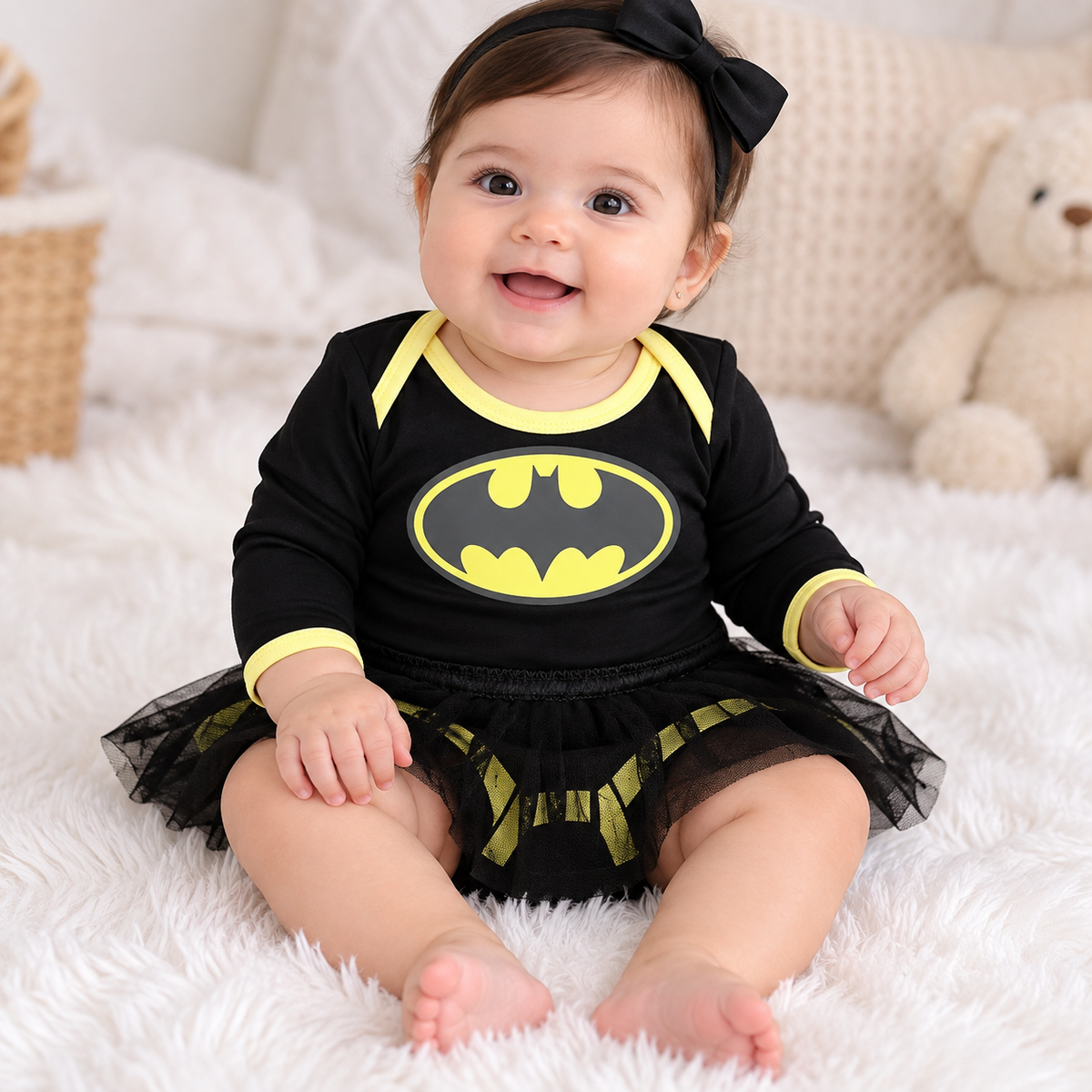 Bebé usando body negro de Batman con capa y tutú
