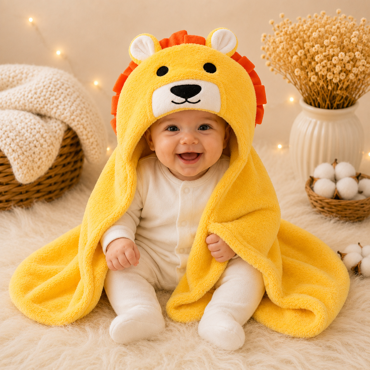 Bebé sonriendo con manta capucha león amarillo forro polar