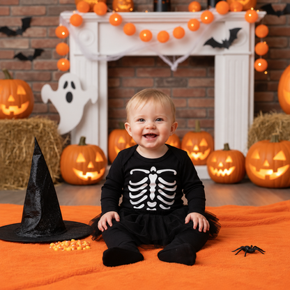 Bebé con body negro de calabaza y tutú naranja para Halloween