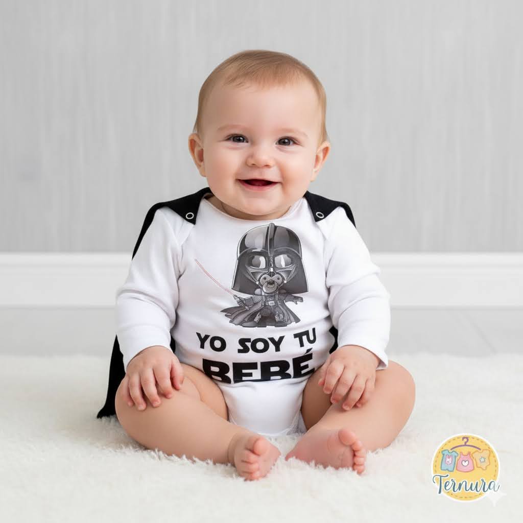 Bebé usando body blanco de Darth Vader con capa negra