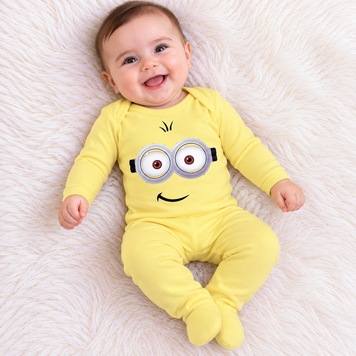 Bebé con conjunto amarillo Minion, dos ojos con gafas y sonrisa estampados