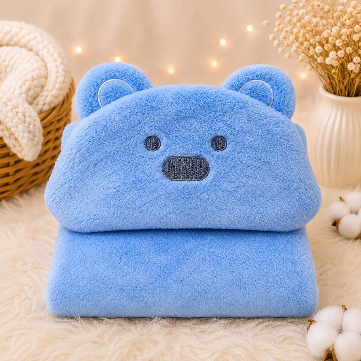 Bebé sonriendo con manta capucha osito azul celeste forro polar