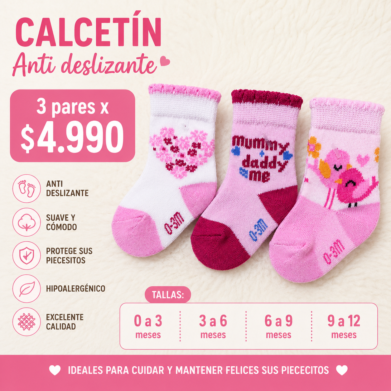 Calcetines antideslizantes para bebé – Pack 3 pares