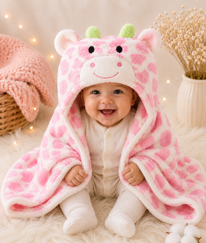 Bebé sonriendo con manta capucha jirafita rosa manchas forro polar
