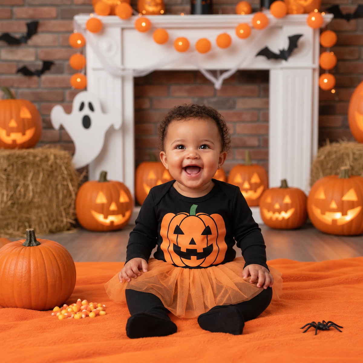 Bebé con body negro de calabaza y tutú naranja en decoración de Halloween