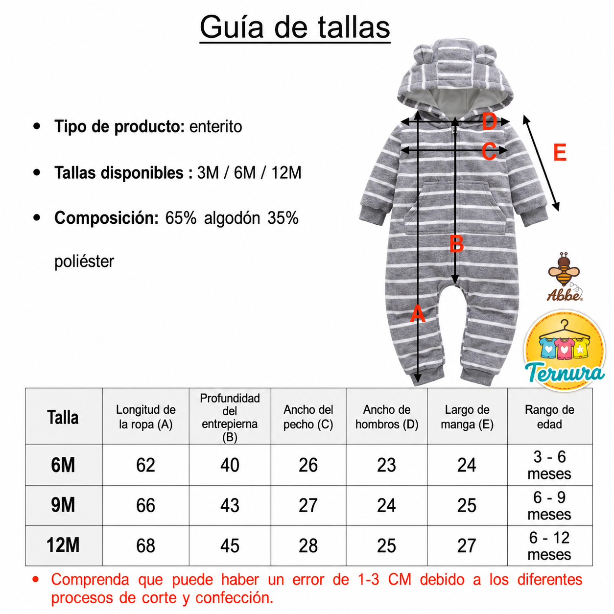 Guía de tallas enterito rayas gris 6M 9M 12M
