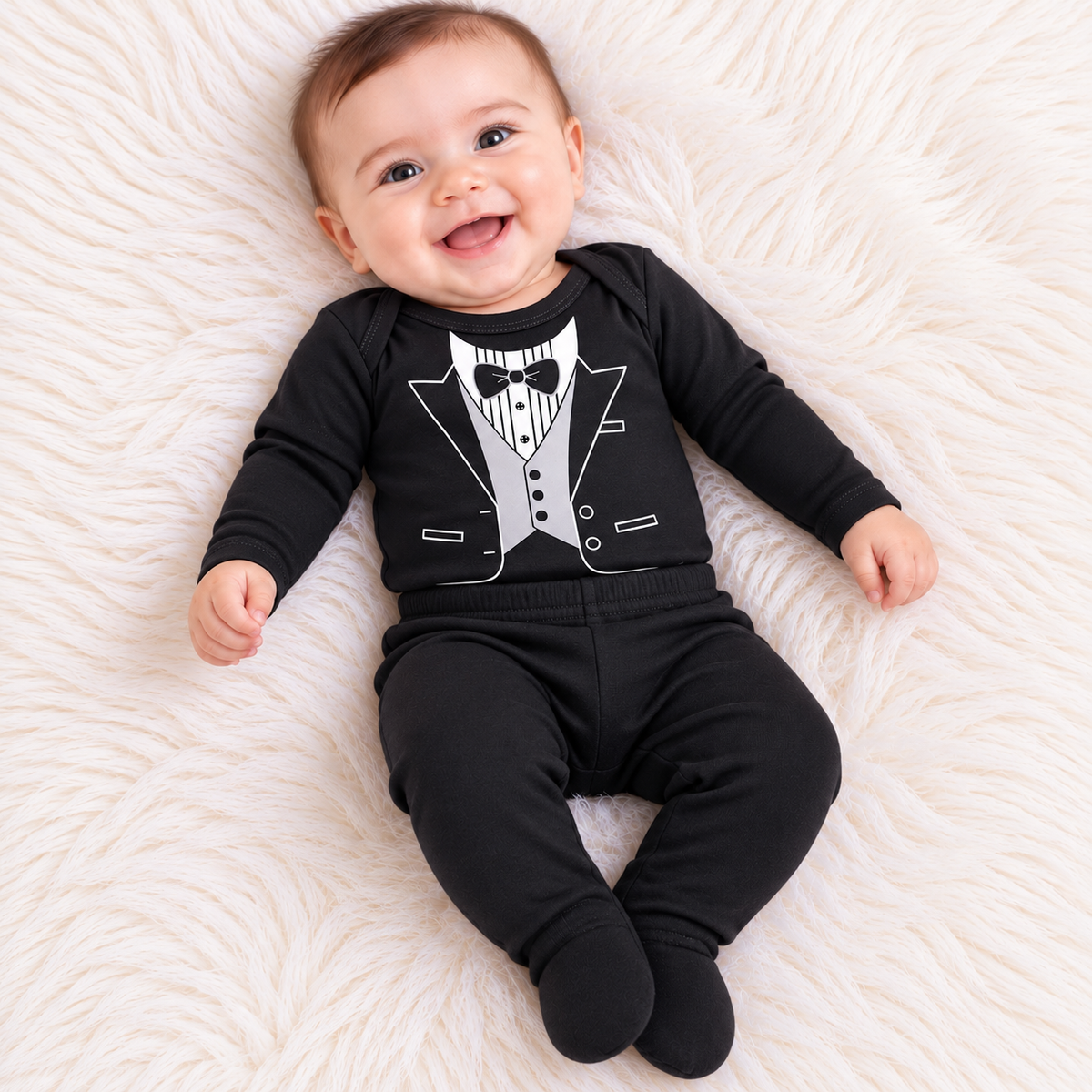Bebé con conjunto negro y estampado de esmoquin con corbatín