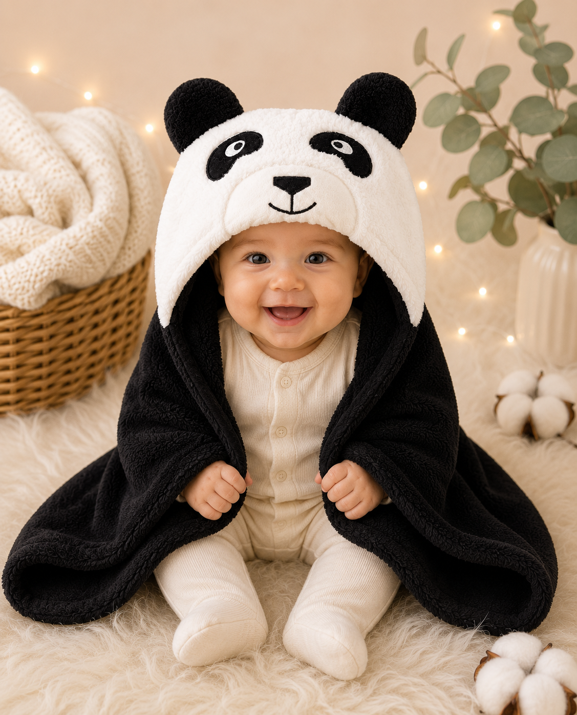 Bebé sonriendo con manta capucha pandita blanco negro forro polar