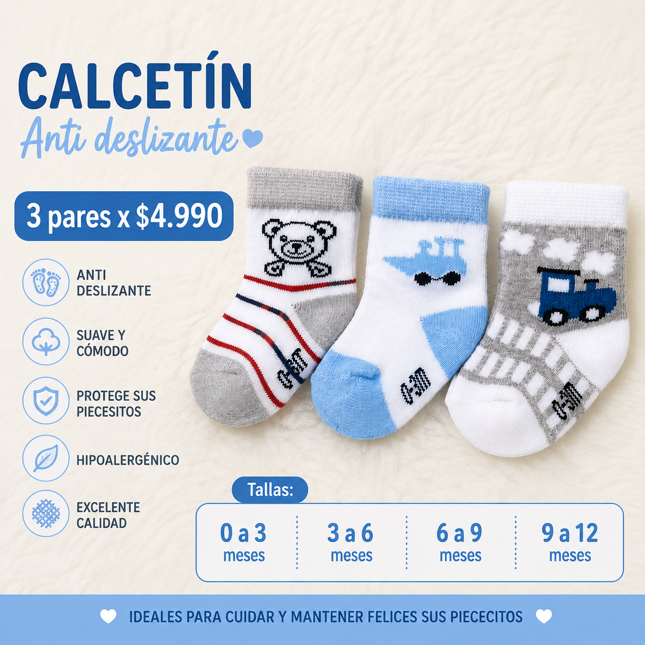 Calcetines antideslizantes para bebé niño – Pack 3 pares, diseños osito, tren y auto