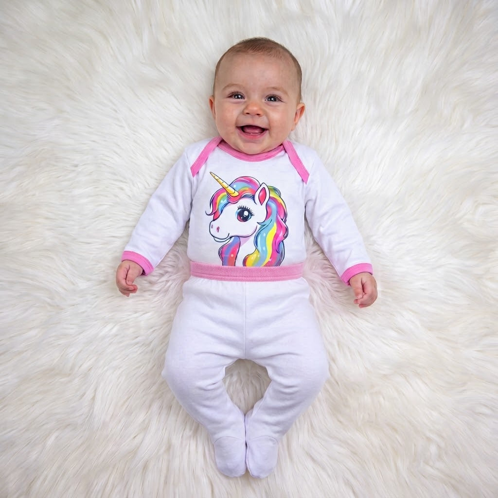 Bebé con conjunto blanco y rosa de unicornio multicolor